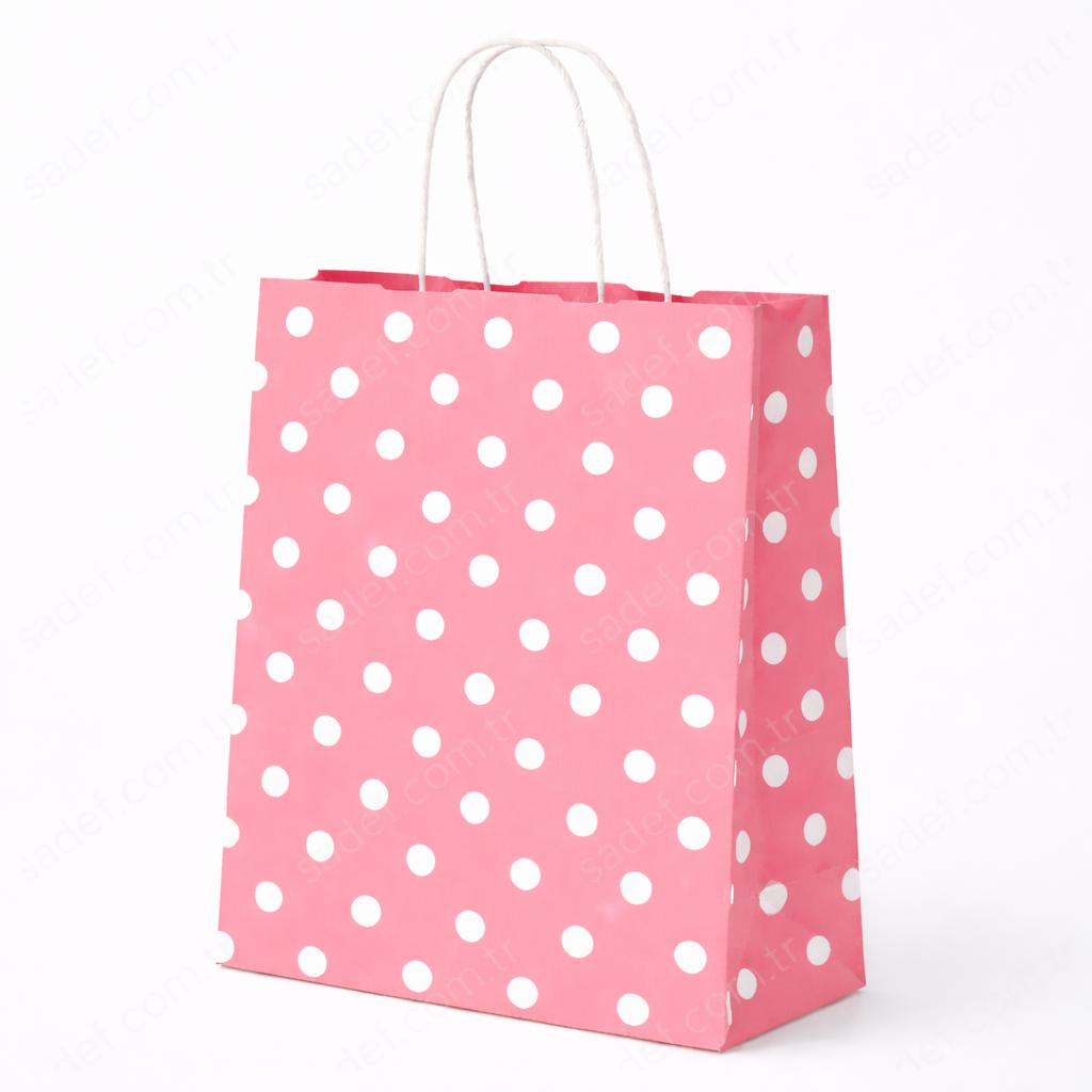 PEMBE PUANTİYELİ BÜKÜM SAPLI - BÜYÜK BOY KAĞIT ÇANTA 32X41 CM 250 ADET