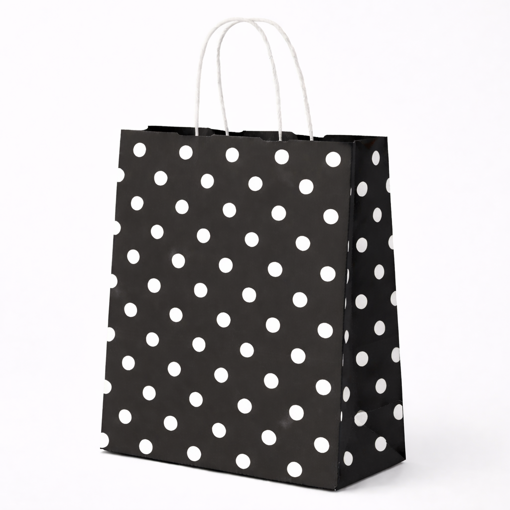 SİYAH PUANTİYELİ BÜKÜM SAPLI - BÜYÜK BOY KAĞIT ÇANTA 32X41 CM 100 ADET