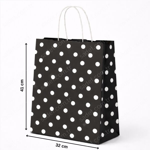 SİYAH PUANTİYELİ BÜKÜM SAPLI - BÜYÜK BOY KAĞIT ÇANTA 32X41 CM 100 ADET
