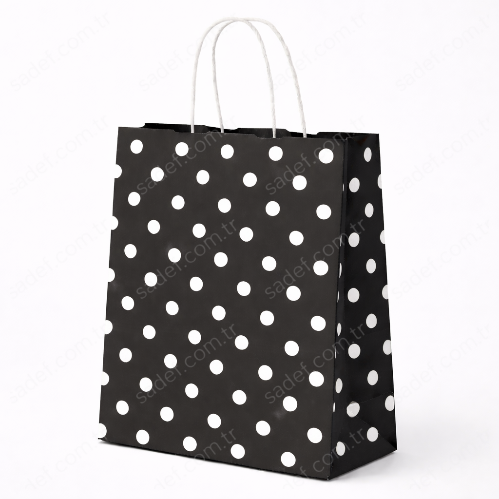SİYAH PUANTİYELİ BÜKÜM SAPLI - BÜYÜK BOY KAĞIT ÇANTA 32X41 CM 250 ADET