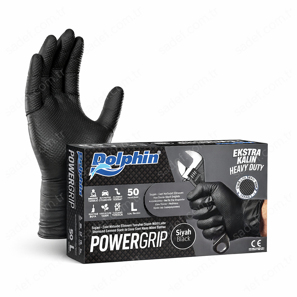 DOLPHİN POWER GRIP EKSTRA KALIN ELDİVEN SİYAH LARGE 50 ADET X 20 PAKET