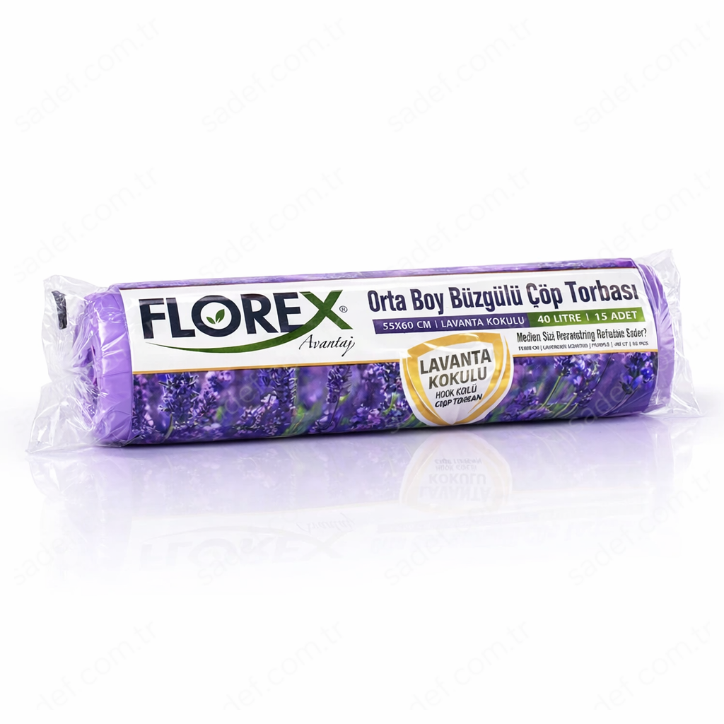 403 LAVANTA ORTA BOY BÜZGÜLÜ ÇÖP POŞETİ ( 55X60 CM ) 130 GR RL 10 AD X25 RL 3,25 KG  43 MC 40 LT